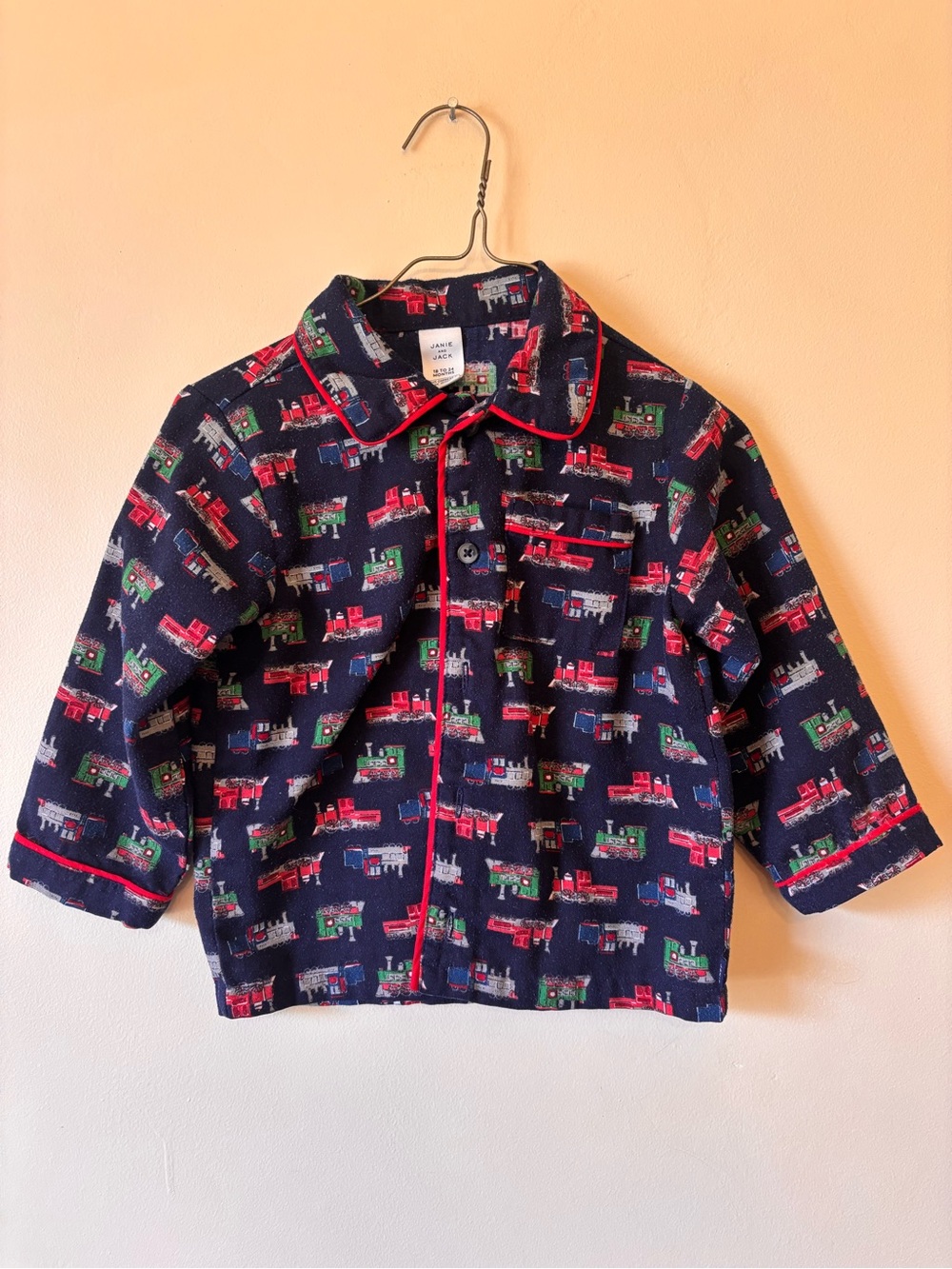 Janie & Jack Toddler Navy Train Print Pajama Top with Red Trim 2 piece 18-24m